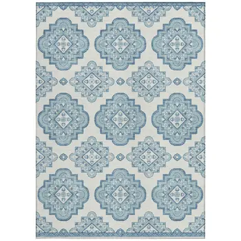 3' X 5' Teal Blue And Ivory Medallion Washable Indoor Outdoor Area Rug