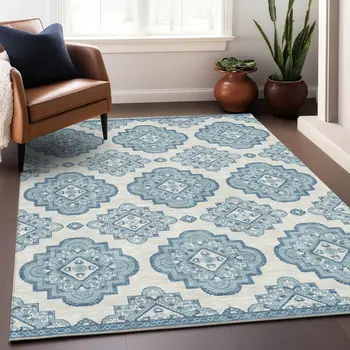 3' X 5' Teal Blue And Ivory Medallion Washable Indoor Outdoor Area Rug