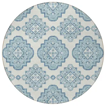 8' Teal Blue And Ivory Round Medallion Washable Indoor Outdoor Area Rug