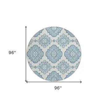 8' Teal Blue And Ivory Round Medallion Washable Indoor Outdoor Area Rug
