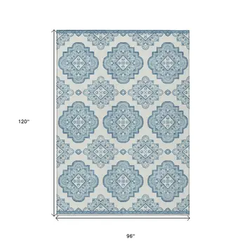 8' X 10' Teal Blue And Ivory Medallion Washable Indoor Outdoor Area Rug