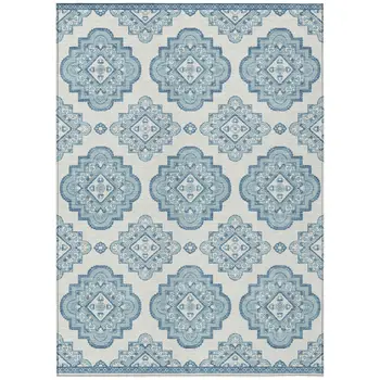 8' X 10' Teal Blue And Ivory Medallion Washable Indoor Outdoor Area Rug