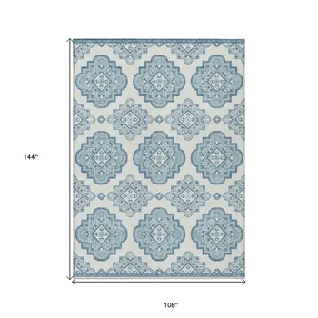 9' X 12' Teal Blue And Ivory Medallion Washable Indoor Outdoor Area Rug