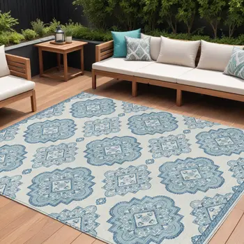 9' X 12' Teal Blue And Ivory Medallion Washable Indoor Outdoor Area Rug