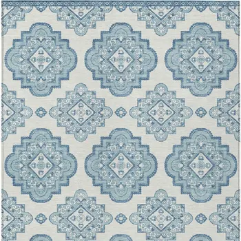 10' X 14' Teal Blue And Ivory Medallion Washable Indoor Outdoor Area Rug