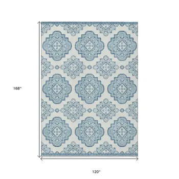 10' X 14' Teal Blue And Ivory Medallion Washable Indoor Outdoor Area Rug