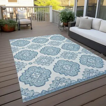 10' X 14' Teal Blue And Ivory Medallion Washable Indoor Outdoor Area Rug