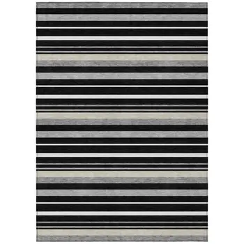 3' X 5' Black Ivory And Gray Striped Washable Indoor Outdoor Area Rug