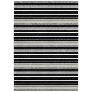 5' X 8' Black Ivory And Gray Striped Washable Indoor Outdoor Area Rug