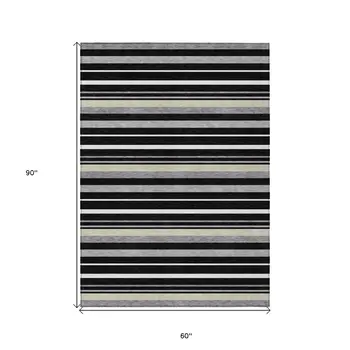 5' X 8' Black Ivory And Gray Striped Washable Indoor Outdoor Area Rug