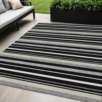 5' X 8' Black Ivory And Gray Striped Washable Indoor Outdoor Area Rug