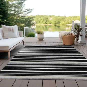 5' X 8' Black Ivory And Gray Striped Washable Indoor Outdoor Area Rug