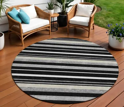 8' Black Ivory And Gray Round Striped Washable Indoor Outdoor Area Rug