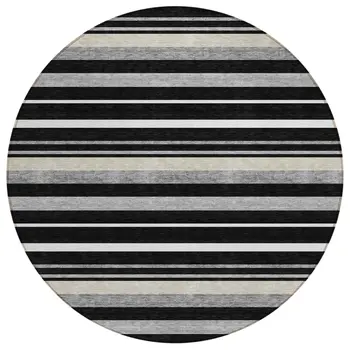 8' Black Ivory And Gray Round Striped Washable Indoor Outdoor Area Rug