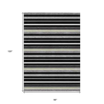 8' X 10' Black Ivory And Gray Striped Washable Indoor Outdoor Area Rug