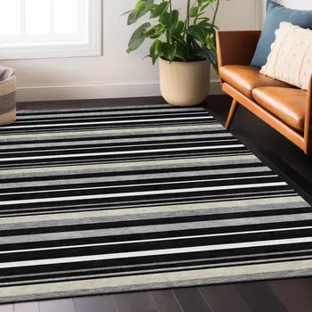 8' X 10' Black Ivory And Gray Striped Washable Indoor Outdoor Area Rug