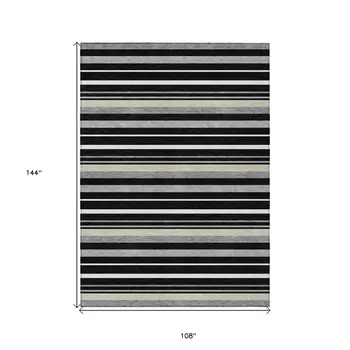 9' X 12' Black Ivory And Gray Striped Washable Indoor Outdoor Area Rug