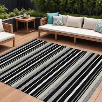 9' X 12' Black Ivory And Gray Striped Washable Indoor Outdoor Area Rug