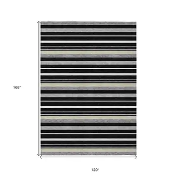 10' X 14' Black Ivory And Gray Striped Washable Indoor Outdoor Area Rug