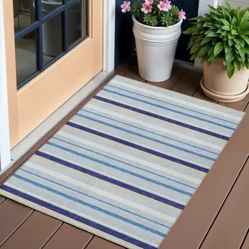 3' X 5' Blue Purple And Gray Striped Washable Indoor Outdoor Area Rug