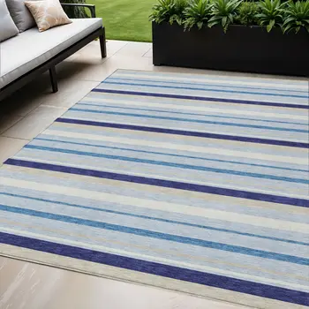 5' X 8' Blue Purple And Gray Striped Washable Indoor Outdoor Area Rug