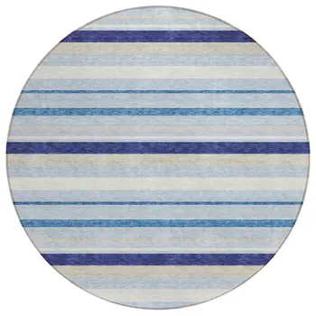 8' Blue Purple And Gray Round Striped Washable Indoor Outdoor Area Rug
