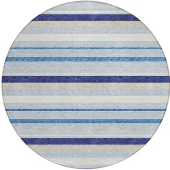 8' Blue Purple And Gray Round Striped Washable Indoor Outdoor Area Rug