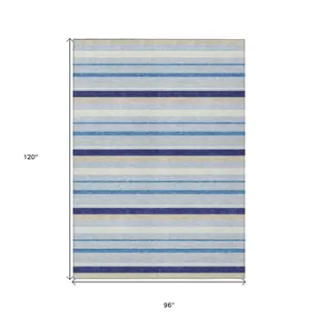 8' X 10' Blue Purple And Gray Striped Washable Indoor Outdoor Area Rug