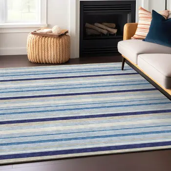 8' X 10' Blue Purple And Gray Striped Washable Indoor Outdoor Area Rug