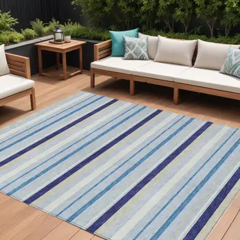9' X 12' Blue Purple And Gray Striped Washable Indoor Outdoor Area Rug