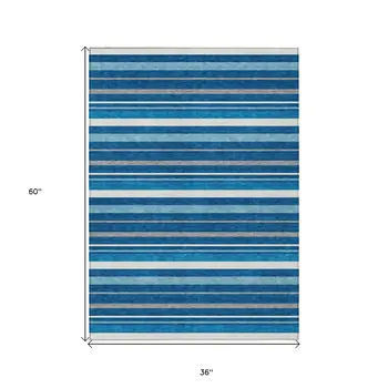 3' X 5' Denim Blue Gray And Ivory Striped Washable Indoor Outdoor Area Rug