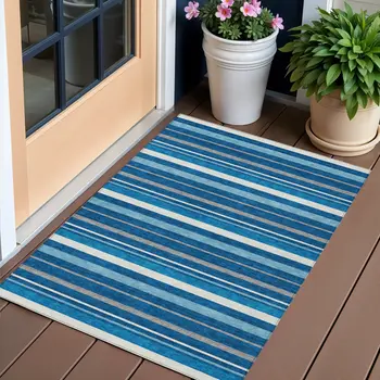 3' X 5' Denim Blue Gray And Ivory Striped Washable Indoor Outdoor Area Rug