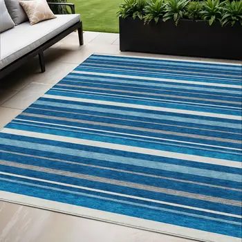 5' X 8' Denim Blue Gray And Ivory Striped Washable Indoor Outdoor Area Rug