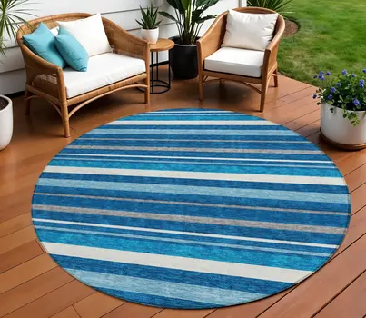 8' Denim Blue Gray And Ivory Round Striped Washable Indoor Outdoor Area Rug