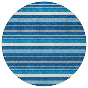 8' Denim Blue Gray And Ivory Round Striped Washable Indoor Outdoor Area Rug