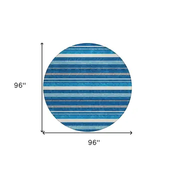 8' Denim Blue Gray And Ivory Round Striped Washable Indoor Outdoor Area Rug