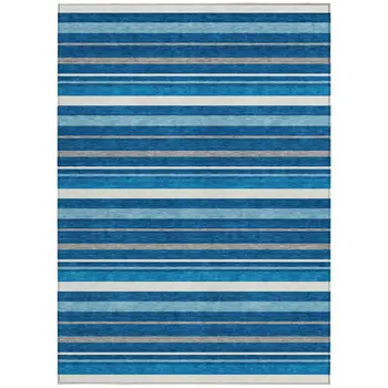 8' X 10' Denim Blue Gray And Ivory Striped Washable Indoor Outdoor Area Rug