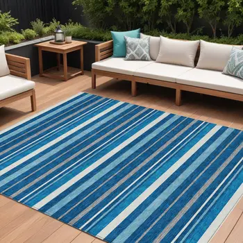 8' X 10' Denim Blue Gray And Ivory Striped Washable Indoor Outdoor Area Rug