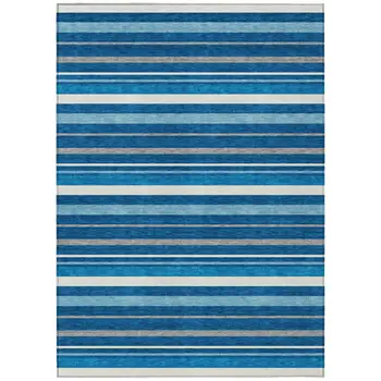 8' X 10' Denim Blue Gray And Ivory Striped Washable Indoor Outdoor Area Rug
