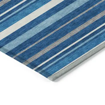 8' X 10' Denim Blue Gray And Ivory Striped Washable Indoor Outdoor Area Rug