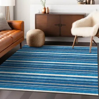 8' X 10' Denim Blue Gray And Ivory Striped Washable Indoor Outdoor Area Rug