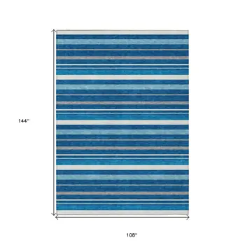 9' X 12' Denim Blue Gray And Ivory Striped Washable Indoor Outdoor Area Rug