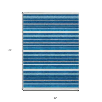 10' X 14' Denim Blue Gray And Ivory Striped Washable Indoor Outdoor Area Rug
