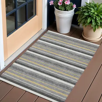 3' X 5' Gray Brown And Ivory Striped Washable Indoor Outdoor Area Rug