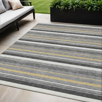 5' X 8' Gray Brown And Ivory Striped Washable Indoor Outdoor Area Rug
