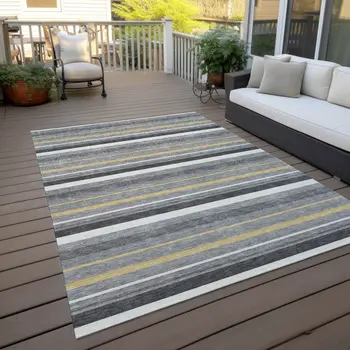 5' X 8' Gray Brown And Ivory Striped Washable Indoor Outdoor Area Rug