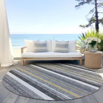 8' Gray Brown And Ivory Round Striped Washable Indoor Outdoor Area Rug