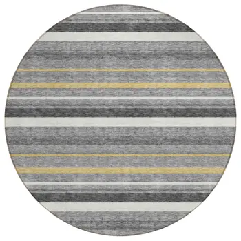 8' Gray Brown And Ivory Round Striped Washable Indoor Outdoor Area Rug