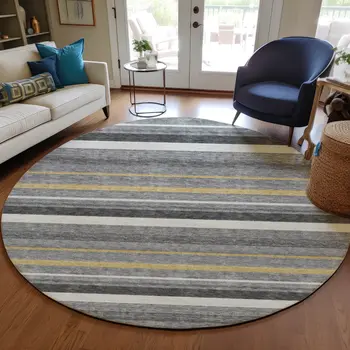 8' Gray Brown And Ivory Round Striped Washable Indoor Outdoor Area Rug