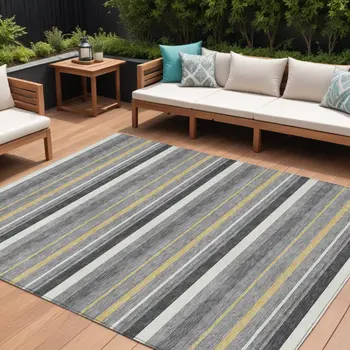 10' X 14' Gray Brown And Ivory Striped Washable Indoor Outdoor Area Rug